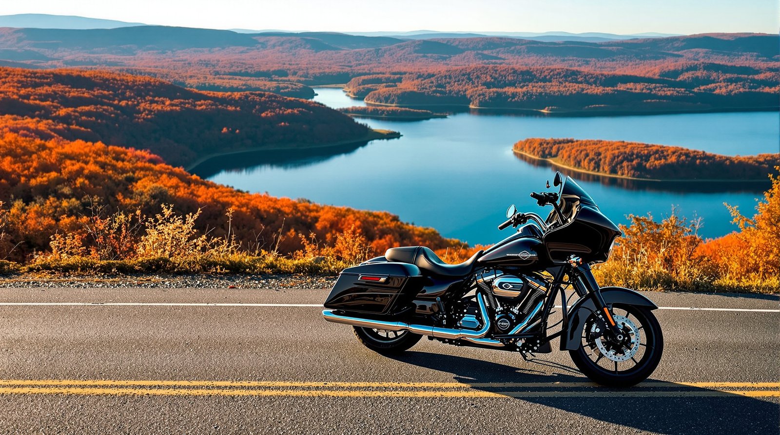 Harley-Davidson at a Quabbin Reservoir overlook, peak New England fall color
